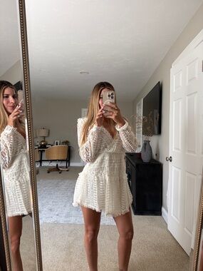 Love  shack fancy Women's White Lace Mini Dress - V-Neck Long Sleeve